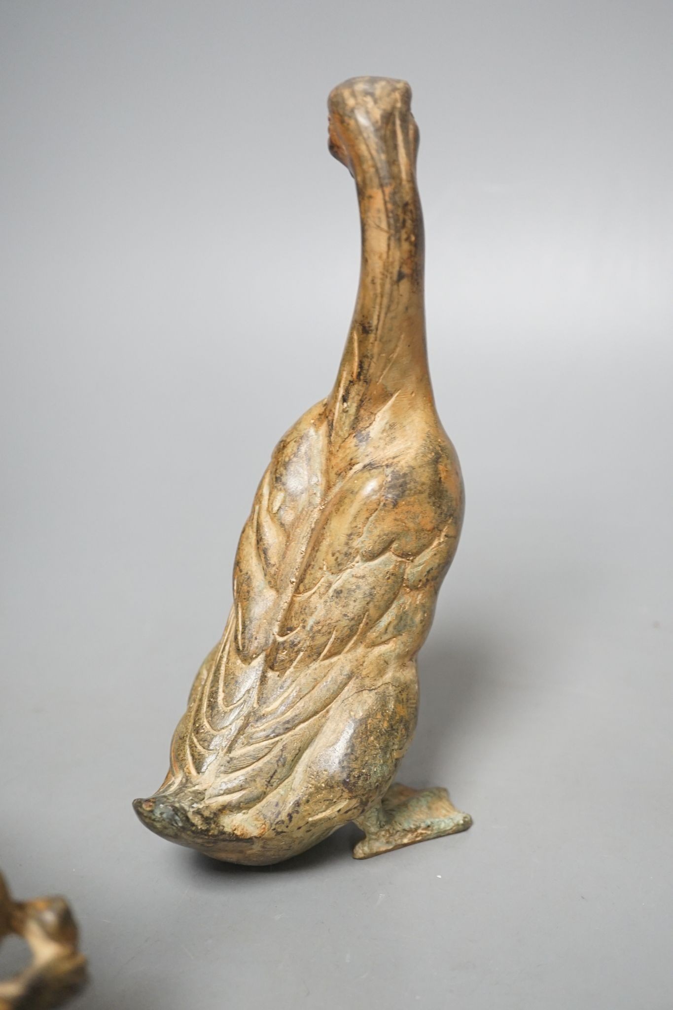 Pierre Chenet Foundry, four small patinated bronzes of a toad, two hares and a duck, largest 19cm high, signed